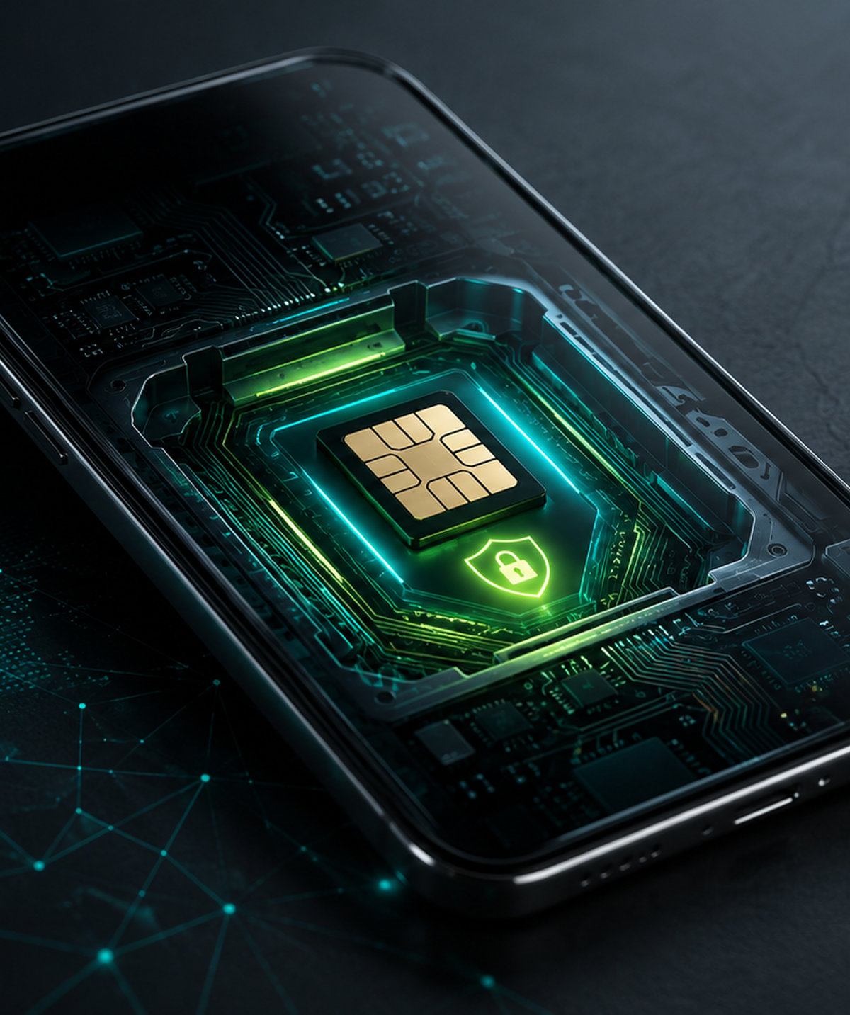 Leuchtender eSIM-Chip im Inneren eines Smartphones